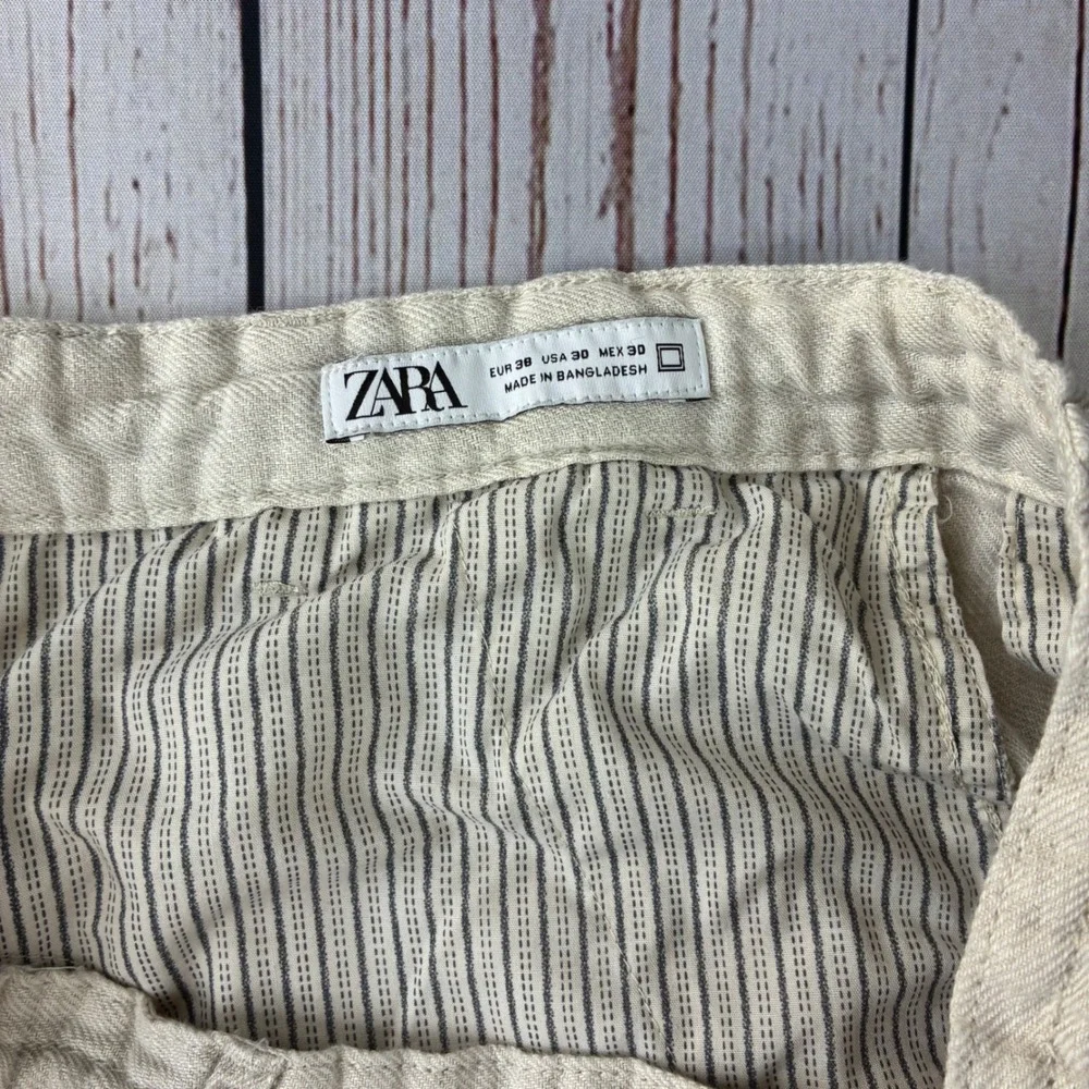 Zara Linen Blend Tapered Pants Oatmeal Beige Drawstring Waist Size 30